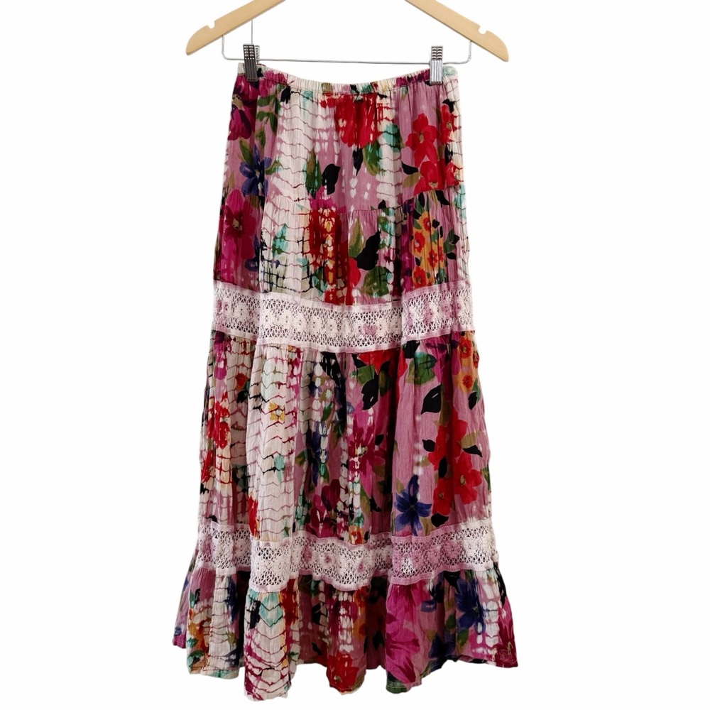 Boho Festival Tiered Skirt Cottagecore Floral Lola P. Cotton Elastic Waist Small